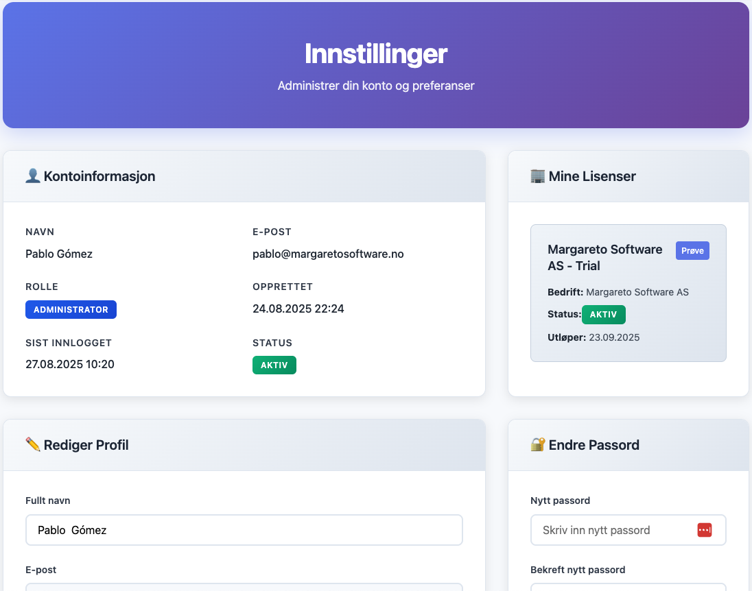Innstillinger og Profil